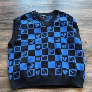 Blue and black checkered heart and yin yang sweater vest, vintage forever 21